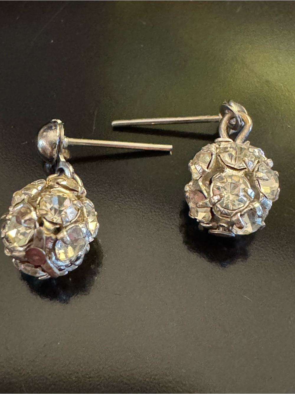Vintage MCM Silver Tone Rhinestone Ball Drop Earrings - Picture 2 of 3